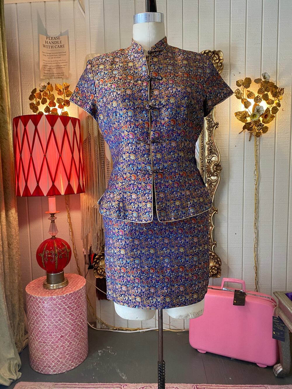 vintage 1990s mandarin collar suit, 90s 2 piece set, blue brocade, frog closure